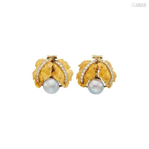 Buccellati Pair of Two-Color Gold, Gray Cultured Pearl and D...