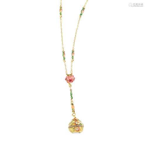 Art Nouveau Long Gold, Multicolored Enamel and Diamond Penda...