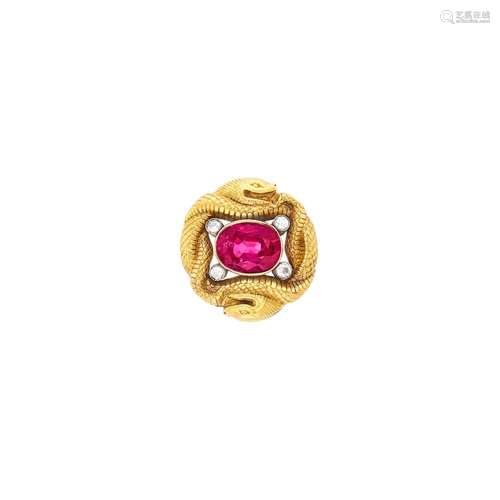 Antique Russian Gold, Silver, Ruby and Diamond Serpent Pin