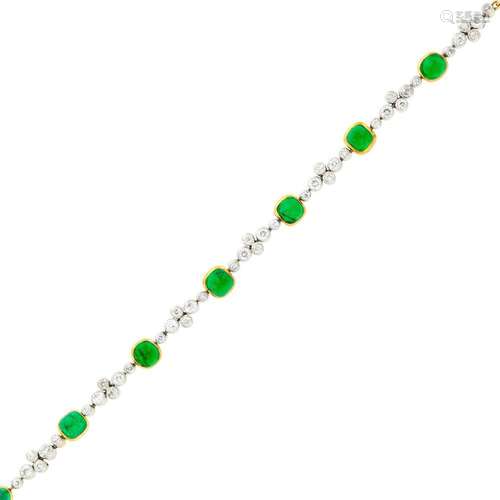 Platinum, Gold, Cabochon Emerald and Diamond Bracelet