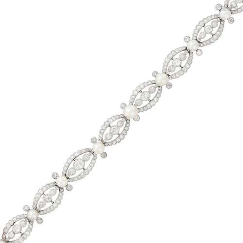 Platinum, Natural and Cultured Button Pearl and Diamond Link...