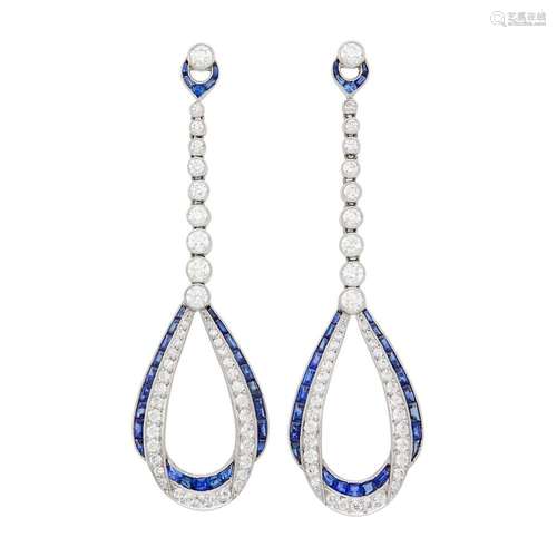 Pair of Platinum, Diamond and Sapphire Pendant-Earrings