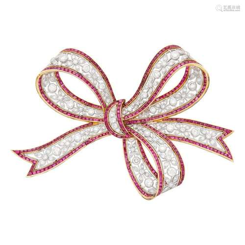 Gold, Platinum, Diamond and Ruby Bow Pendant-Brooch