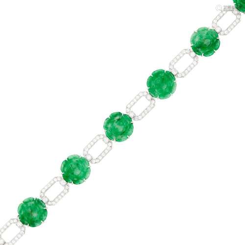 Platinum, Carved Jade Flower and Diamond Bracelet