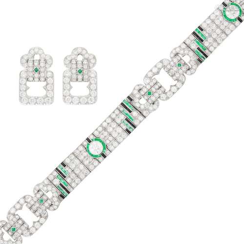 Platinum, Diamond, Emerald and Black Onyx Bracelet and Pair ...