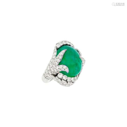 David Webb Platinum, White Gold, Cabochon Emerald and Diamon...