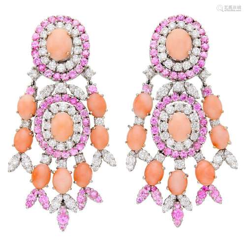 Pair of White Gold, Angel Skin Coral, Diamond and Pink Sapph...