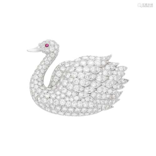 Van Cleef & Arpels Platinum, Diamond and Ruby Swan Clip-...