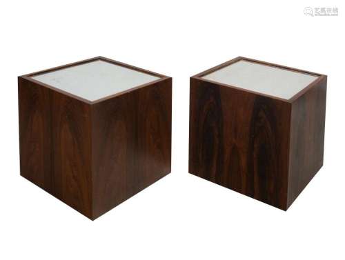 Pair of wooden bedside tables with mirror tops and wheels on...