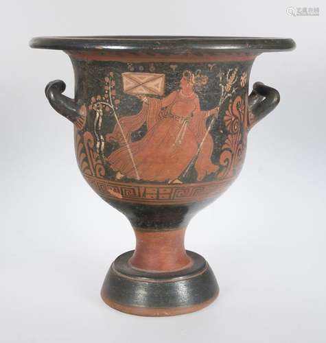 Pottery krater with red figures on a black background. Greec...