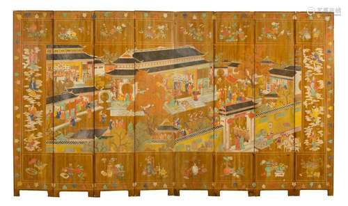 Coromandel lacquered screen with 8 sections. China. 19th cen...