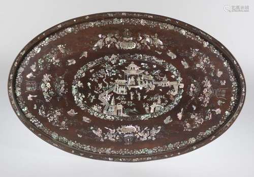 Carved wooden tray with mother-of-pearl incrustations. China...