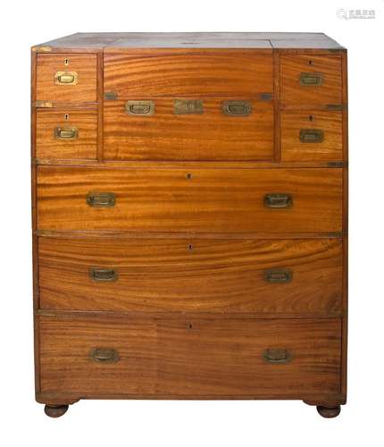 Imposing teak ship’s writing chest of drawers in two section...