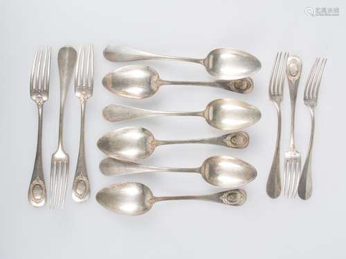 Set of six forks and six spoons. Silver. Marked Minerva. Fra...