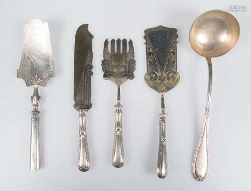 Lot of five pieces of silver serving cutlery, three from the...