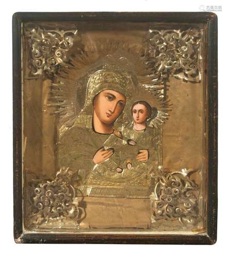 Icon. Gilded silver and oil on wood. Romania - Ukraine. 19th...