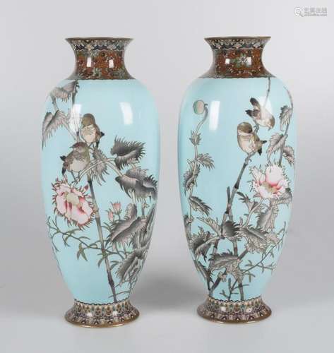 Pair of porcelain vases with cloisonné enamel. 20th century.