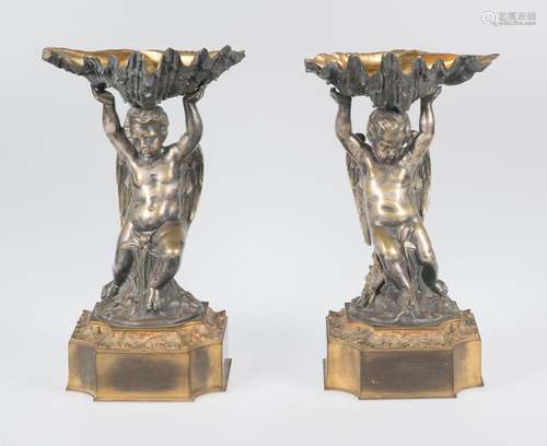 "Angels". Pair of silvered and gilded bronze sculp...