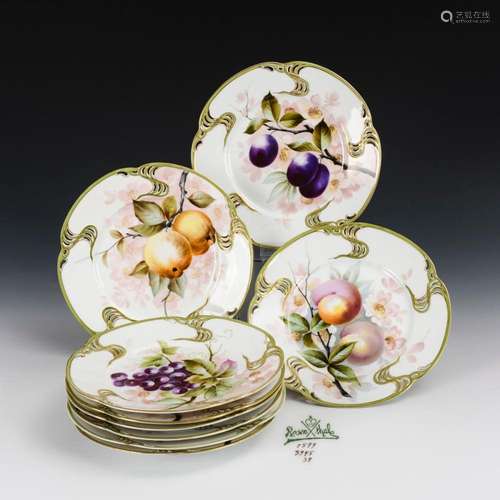 8 JUGENDSTIL-DESSERTTELLER MIT FRUCHTMALEREI. ROSENTHAL.