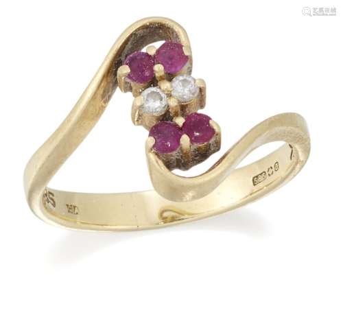 A 14 CARAT GOLD RUBY AND DIAMOND CROSSOVER RING