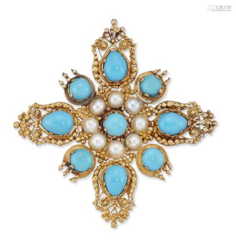 A 19TH CENTURY TURQUOISE AND SPLIT PEARL CROSS BROOCH