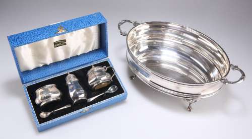 A SILVER-PLATED TUREEN, AND CASED CONDIMENT SET