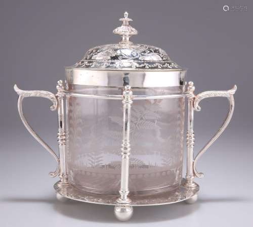 A LATE VICTORIAN SILVER-PLATED AND GLASS BISCUIT BOX