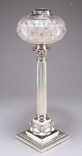 A VICTORIAN SILVER-PLATED CORINTHIAN COLUMN OIL LAMP BASE