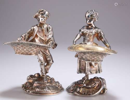 A PAIR OF 19TH CENTURY CONTINENTAL SILVER-PLATED FIGURAL SAL...