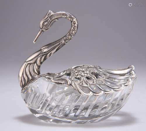 A CONTINENTAL SILVER-MOUNTED GLASS SWAN DISH