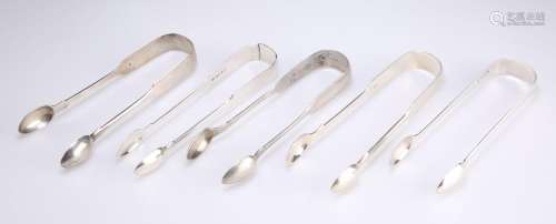 FIVE PAIRS OF EXETER SILVER SUGAR TONGS, WILLIAM IV AND LATE...