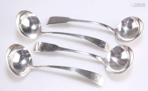 TWO PAIRS OF EARLY 19TH CENTURY IRISH SILVER SAUCE LADLES