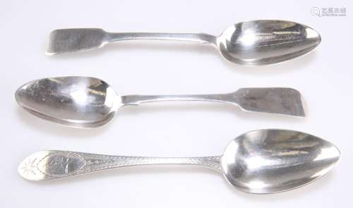 A GROUP OF THREE EARLY 19TH CENTURY IRISH SILVER TABLE SPOON...