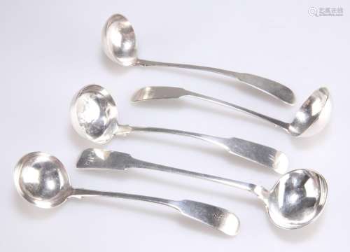 A GROUP OF FIVE SCOTTISH SILVER SAUCE LADLES
