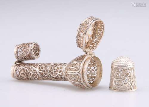 A SILVER FILIGREE THIMBLE AND NEEDLE CASE