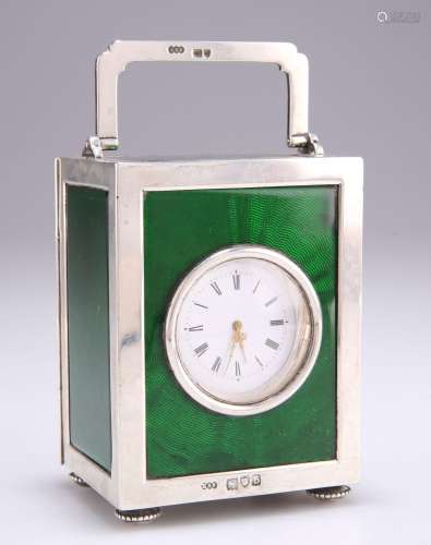 A LATE VICTORIAN SILVER AND GREEN ENAMEL CARRIAGE CLOCK