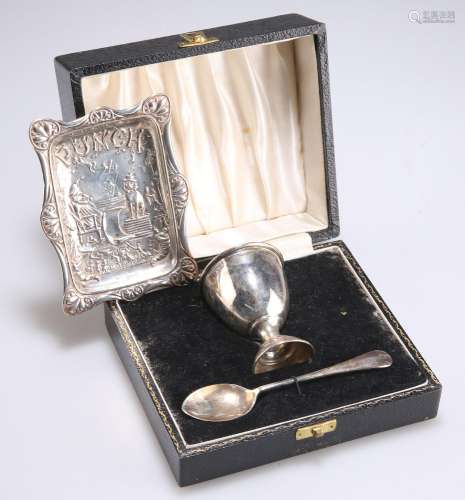A LATE VICTORIAN SILVER 'PUNCH' PIN TRAY AND A CASED SILVER ...