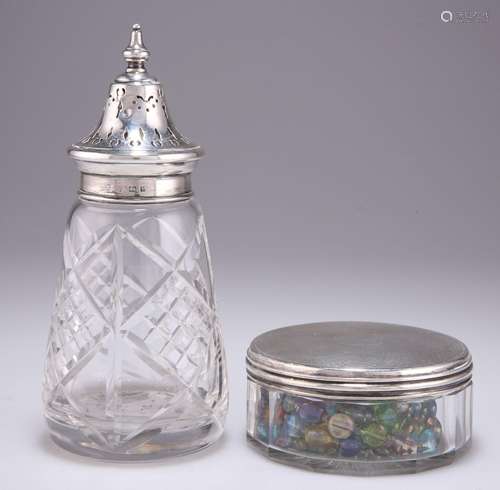 A VICTORIAN SILVER-TOPPED JAR AND AN ELIZABETH II SILVER-TOP...