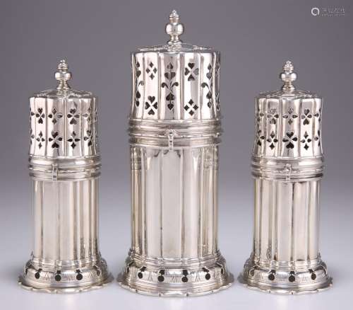 A GOOD SET OF THREE SILVER LIGHTHOUSE CASTERS WITH BAYONET C...