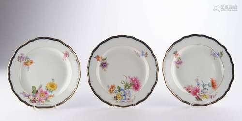 3 Speiseteller, Meissen, Schwertermarke, 1850-1924, 1. Wahl,...