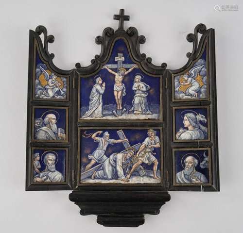 Kleiner Klappaltar, wohl Limoges, 19. Jh., Holz, ebonisiert,...