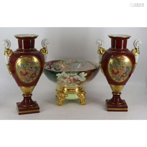Limoges Porcelain Bowl On Stand & A Pair Of