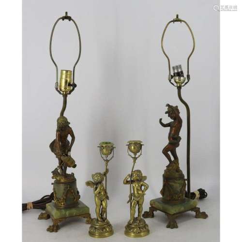 Pair of Bronze Cherub Form Lamps with Candlesticks
