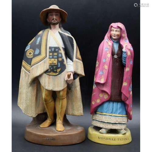 (2) Sgnd Russian Male and Female Porcelain Figures