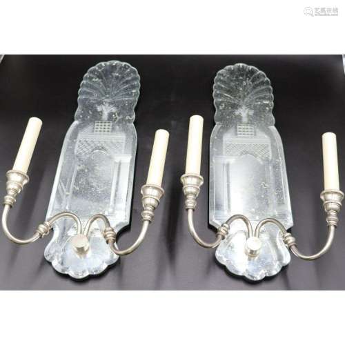 A Vintage Pair Of Etched Mirrored Sconces.