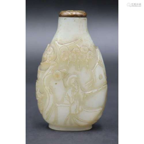 19th C Chinese White Jade Carved Snuff Bottle.