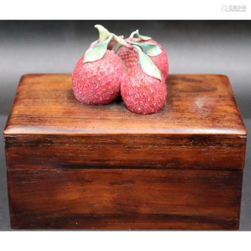 Asian Wooden Box with Applied Porcelain Lychee.