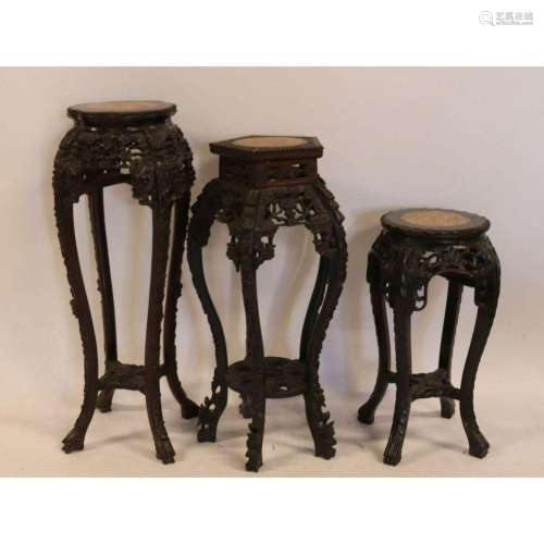 3 Antique Highly Carved Chinese Hardwood Stands.