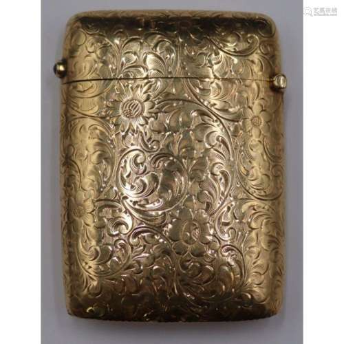 GOLD. Engraved 14kt Gold and Sapphire Vesta Case.
