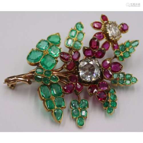 JEWELRY. 14kt Gold Diamond Ruby and Emerald Brooch